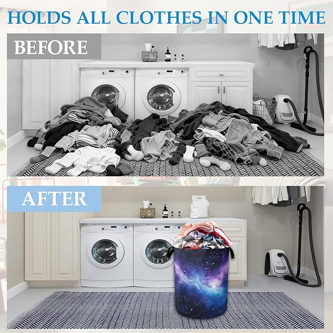 Purple Galaxy Laundry Basket Collapsible Laundry Hamper with Handle, Oxford Clothes Toy Storage Bin for Bathroom Bedroom Room Decor, Gift Basket 16" X 20.8"