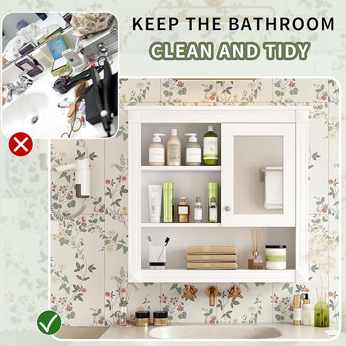 Merax Bathroom Medicine Cabinet with Mirror Door & Adjustable Shelves, 32" x 28" Wall Mounted Bathroom Storage Cabinet with Mirror, Over The Toilet