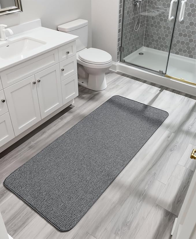 Bath Mat,Ultra Thin Bathroom Runner Rugs,Large Bath Mats for Bathroom,Quick Dry,Non-Slip,Machine Washable,Low Pile,Bath Rug,Shower Outside,Sink,Home Decor Accessories.Dark Grey,1'5"x4'11"（17x59inch）