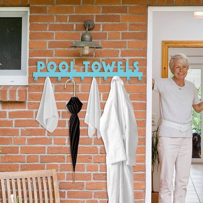 IBosins Large Pool Towel Rack with 10 Hooks, Towel Holder Wall Mounted for Outdoor, Towel Hanger for Hanging Bathrobes, Towels, Clothes - Perfect Pool Area Outside Sign and Decor (Blue)