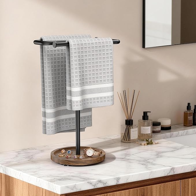 Aetyord Adjustable Hand Towel Holder Stand for Bathroom Countertop, S-Shaped Stainless Steel Towel Rack with Wood Base Strong and Suction Cups, Free Standing Hand Towel Tree for Kitchen Vanity