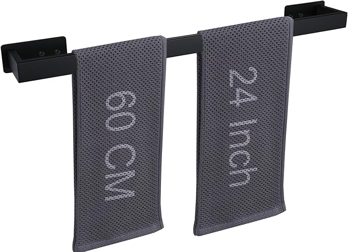 LANC Matte Black 24-Inch Bath Towel Rack Self-Adhesive Bathroom Towel Bar for Wall Mounted and Drill Free Towel Rod, Sticky on Kitchen Bathroom Towel Holder Stainless Steel, A8310MB-L6