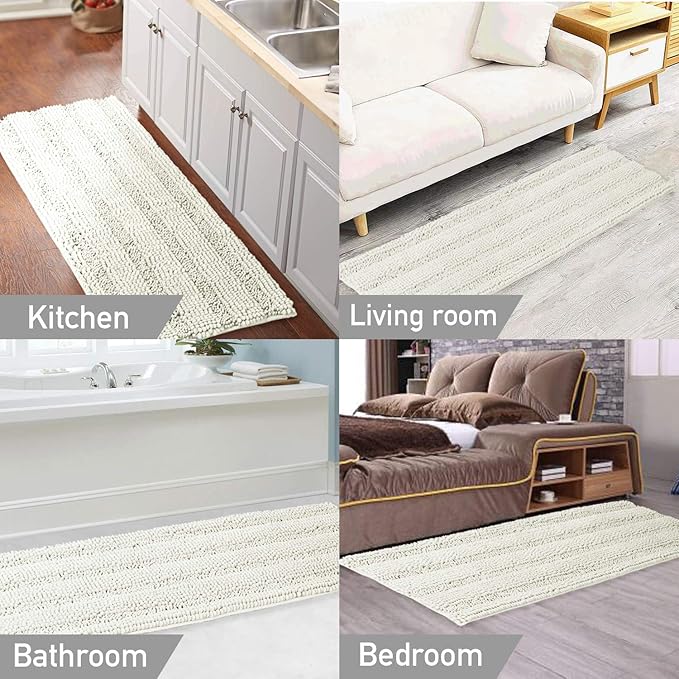 Turquoize Non-Slip Kitchen/Bath Rug Runner Luxury Chenille Shaggy Bathroom Rug Mat Cream Bath Mat, Ultra Soft and Cozy, Super Absorbent Large Shaggy Rugs, Washable Carpet Kitchen Mats, 59"x20", Cream
