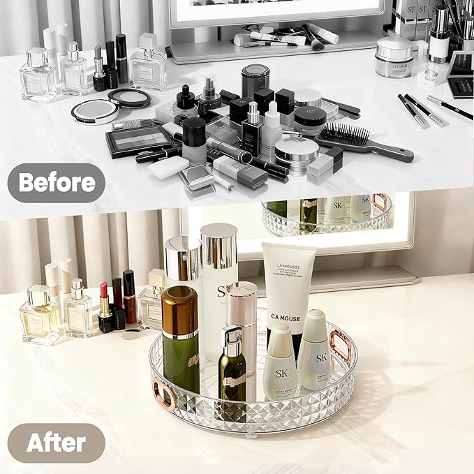 360 Rotating Makeup Organizer, 1 Tier Diamond Pattern Perfume Organizer, 10.5" Large Capacity Skincare Lotion Organizer, Designed for Vanity and Bathroom Countertops, Clear
