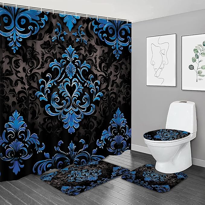 NBVKO 4Pcs Luxury Damascus Blue Flower Pattern Shower Curtain Set with 12 Hooks Non-Slip Rugs,Toilet Lid Cover and Bath Mat,Dark Gold Bathroom Decor for Hotel & Home Bathroom