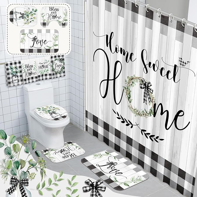 FuWeave 8 Pcs Black and White Shower Curtain Sets for Home Bathroom Green Eucalyptus Decor Rustic Plaid Bathroom Accessories Shower Curtain Sets with Towels Carpet Bath Mat Toilet Rugs and 12 Hooks