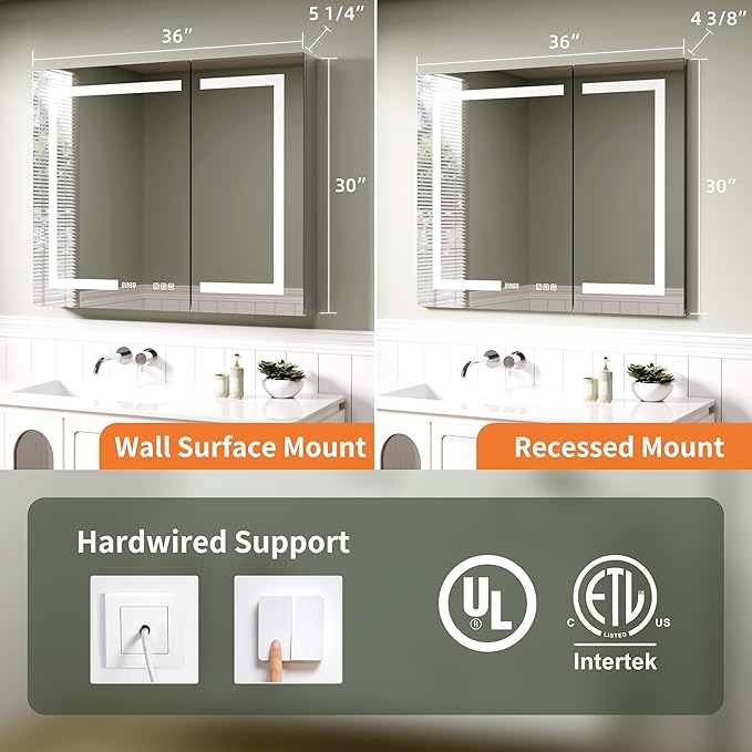 LED Medicine Cabinet Mirror with Lights, 36 x 30 Inch Bathroom Storage, Recessed/Wall Mount, Plug-in/Hardwired, 3 Color Dimmable Light, Anti-Fog, Time Temp Display