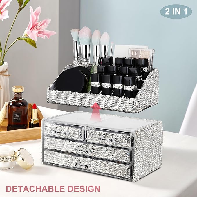 KEYPOWER Makeup Organizers Drawer Bling Diamond,Countertop Jewelry Cosmetic Storage Display Boxes,Makeup Brush Holder,2 Pieces Set(Purely Handmade) (White A)