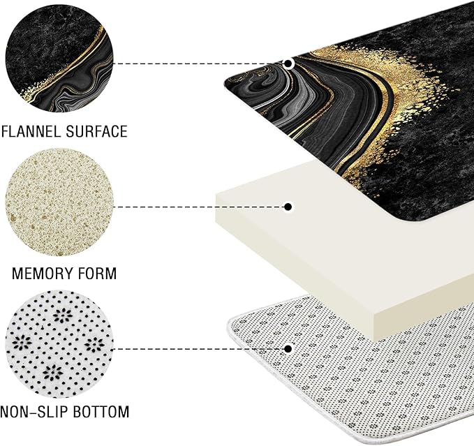 Gibelle 4 Pcs Luxury Marble Shower Curtain Set with Non-Slip Rugs, Toilet Lid Cover and Bath Mat, Black Gold Bathroom Decor Set with Shower Curtain and Rugs and Accessories