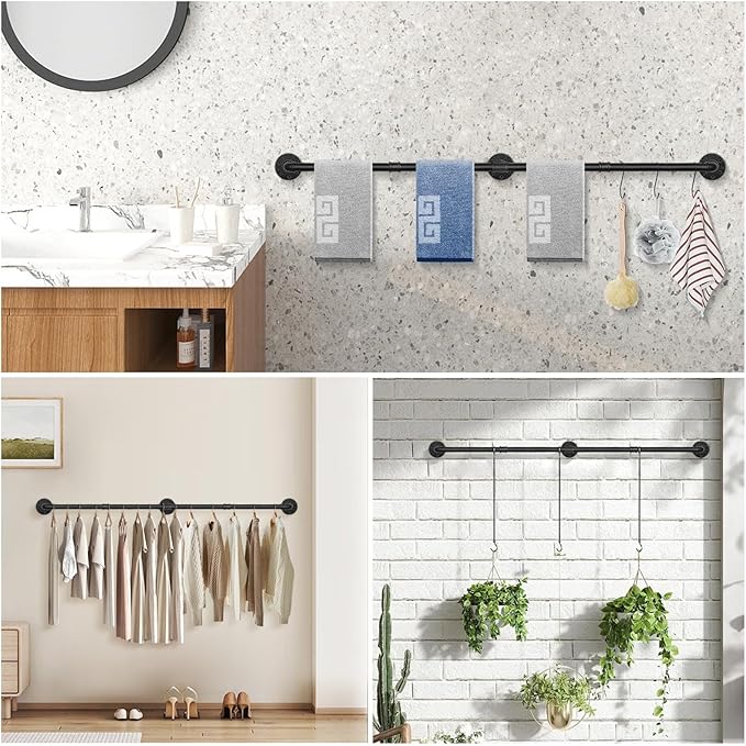 NearMoon Industrial Pipe Towel Bar, Heavy Duty Bathroom Hardware Towel Holder Accessory, Wall Mounted DIY Rustic Iron Bathroom Towel Rack Holder (60 Inch, Black)