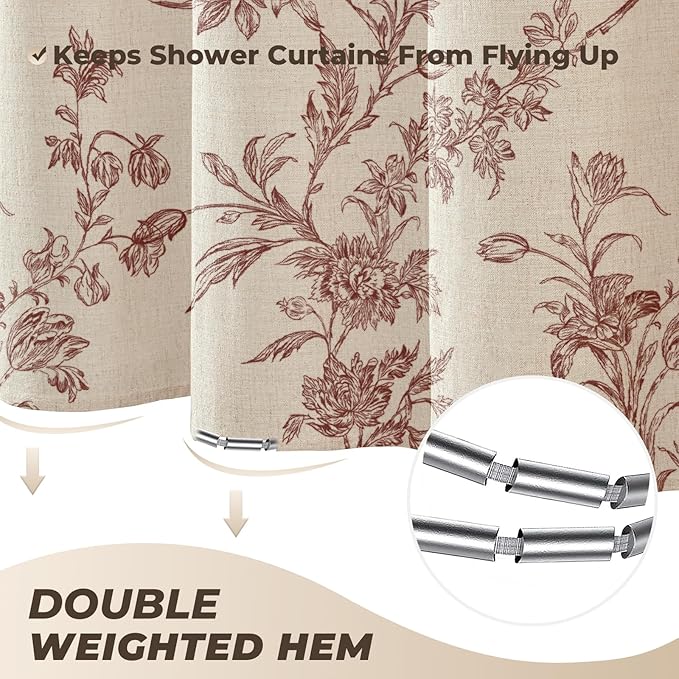 Brown Floral Farmhouse Vintage Linen Shower Curtain, French Country Cottagecore Shower Curtain for Bathroom