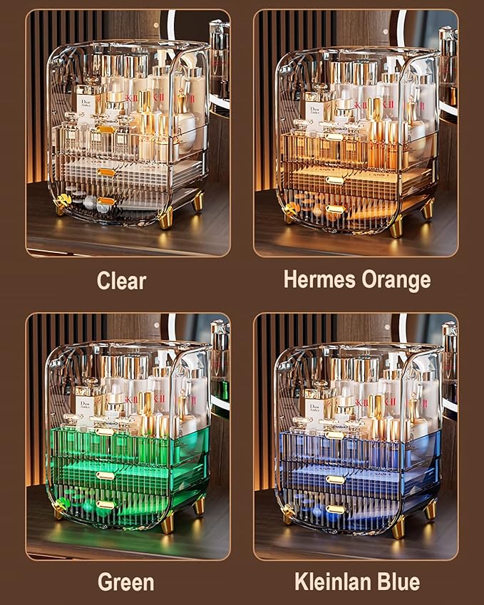 Makeup Organizer, Large Capacity Cosmetics Makeup Organizer for Vanity, Dustproof Waterproof Cosmetics Display Case with Drawers for Skincare, Lipstick, Brushes and Jewelry (Hermes Orange)