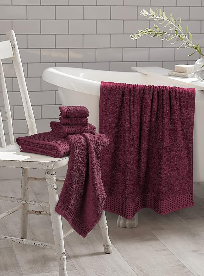 GLAMBURG 100% Cotton Ultra Soft 6 Pack Towel Set, Contains 2 Bath Towels 28x55 Inches, 2 Hand Towels 16x24 Inches & 2 Wash Coths 12x12 Inches, Compact Absorbent Lightweight & Quickdry - Burgundy