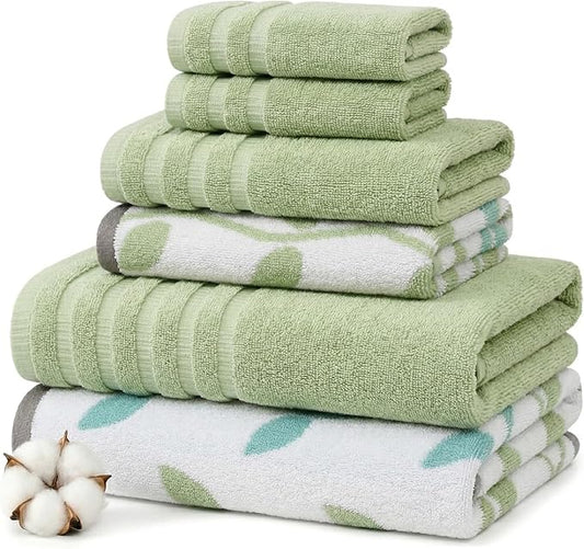 Modern Threads Natural Vine 6-Piece 100% Cotton Towel Set – Yarn Dyed Jacquard – Includes 2 Bath Towels, 2 Hand Towels, 2 Washcloths – Absorbent, Quick Dry, Soft & Durable – Sage Green