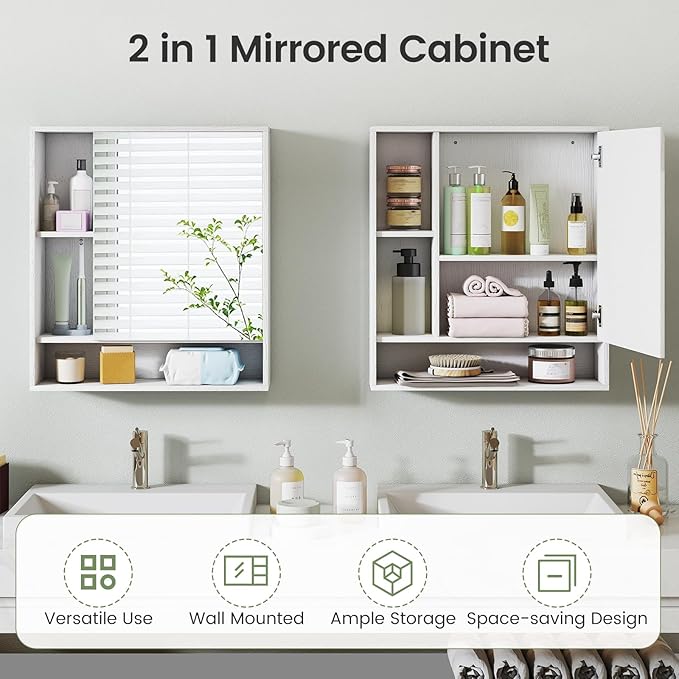Giantex Bathroom Medicine Cabinet with Mirror, Wall Mounted Medicine Cabinet w/Single Door, 3 Open Shelves & Adjustable Shelf, Space-Saving Hanging Storage Cabinet for Living Room, Hallway (White)