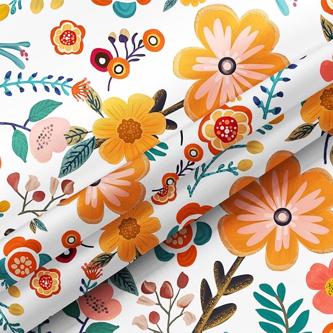 HMS Happy Memories Bohemian Plant Boho Floral Print Shower Curtain, Polyester Fabric Cloth for Bathroom Decor 72×72 Inch Standard Size with 12 Hooks, Also as Room Divider (White Orange Floral)