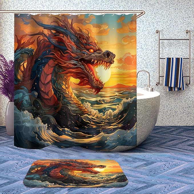 4 Pcs Dragon Shower Curtain Set with Non-Slip Rugs, Toilet Lid Cover and Bath Mat, Japanese Dragon Sea Wave Fantasy Animal Bathroom Shower Curtain with 12 Hooks Accessories Decorative