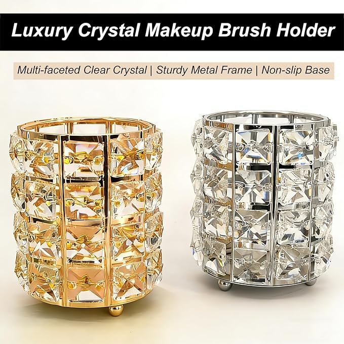 Makeup Brush Holder Organizer Crystal Bling Cosmetic Storage Box for Brushes, Combs & Pens, Candle Holder Container???Gold???