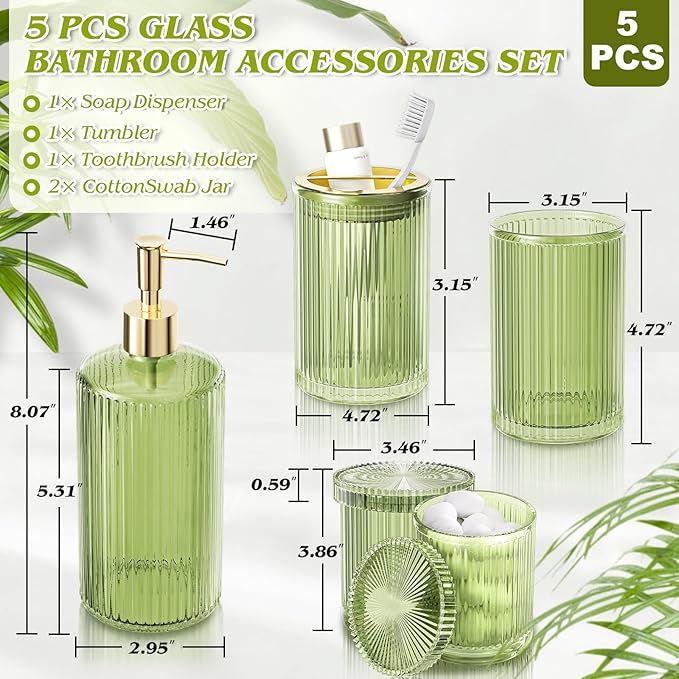 BSSN 5-Piece Green Glass Bathroom Accessories Set - Vintage Ribbed Thick Glass - Includes Soap Dispenser, Toothbrush Holder, Tumbler, 2 Q-tip Jars - Retro Bathroom Counter Organizer & Decor