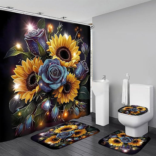 AZHM Sunflower and Rose Shower Curtain Starlight Glitter Flower Bathroom Decor Set with Shower Curtain and Rugs and Accessories with 12 Hooks