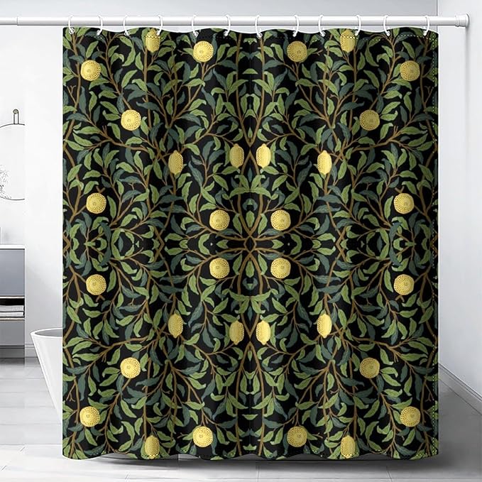 Vintage Botanical Shower Curtain William Morris Designs Green Jungle Fruit Print Shower Curtain Set Polyester Interior Waterproof Shower Curtain with 12 Hooks 72x78 Inches(183x200cm)