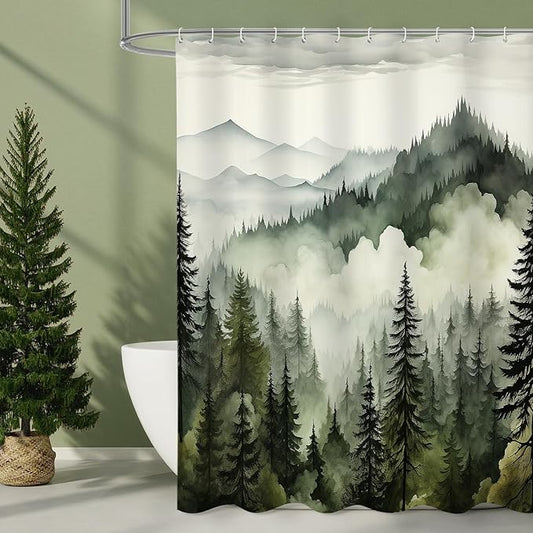 Dark Green Long Misty Pine Forest Shower Curtain 72 x 78, Mountain Foggy Woodland Scenery Tree 78 Inch Long Shower Curtains for Bathroom, Abstract Waterproof Nature-Themed Decor