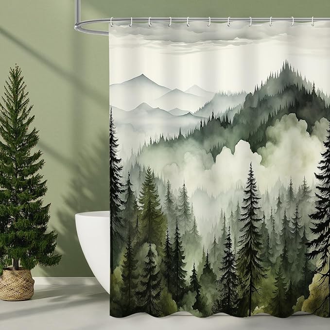 Dark Green Extra Long Misty Pine Forest Shower Curtain 72 x 84, XL Mountain Foggy Woodland Scenery Tree Shower Curtains for Bathroom, Abstract Waterproof Nature-Themed Decor