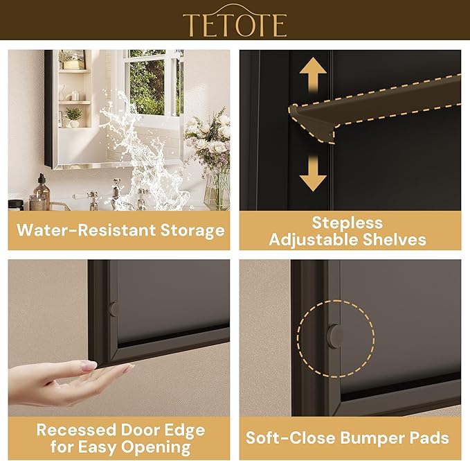 TETOTE 60 x 32 Medicine Cabinet with Tempered Beveled Mirror Black Aluminum Cabinet DTC Hinges, Stepless Adjustable Shelves, Recessed/Surface-Mounted