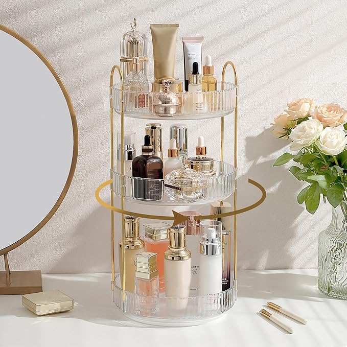 Aveniee Rotating Makeup Organizer – Clear Spinning Perfume & Skincare Cosmetic Storage, Three-tier Large Make Up Holder for Vanity, Bathroom Countertop or Dresser, White