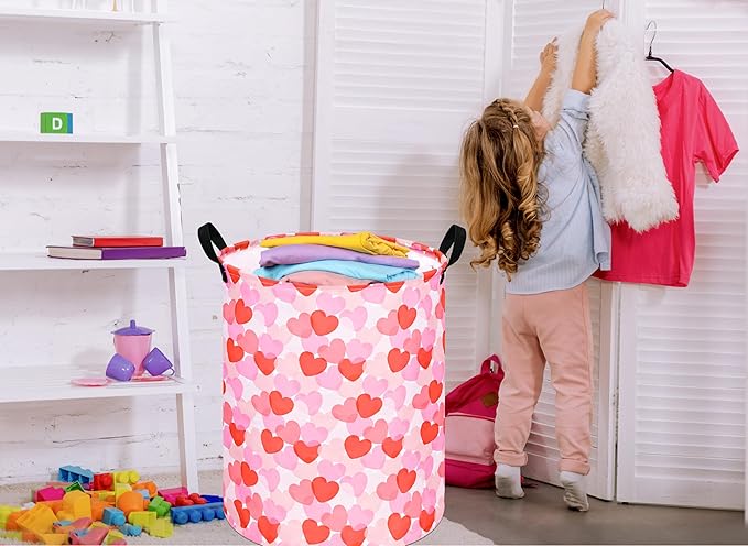 Round Valentine's Heart Pattern Laundry Hamper Clothes Storage Basket Fabric Storage Hamper Organization Storage Bin, Nursery Box,Gift Basket with Handles