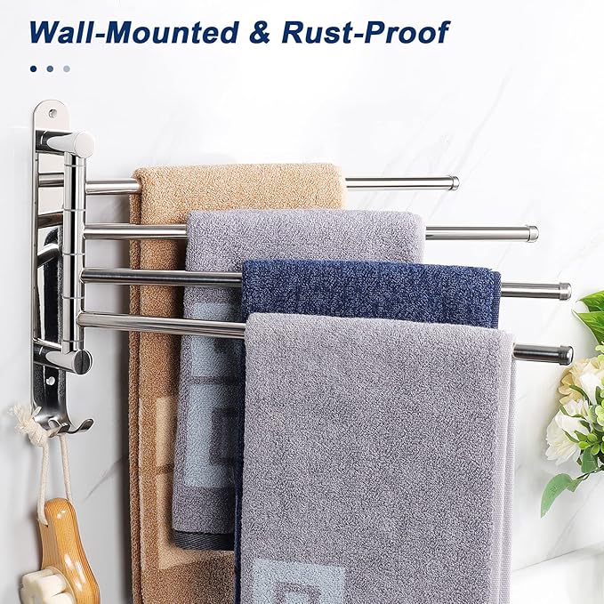 NearMoon Swivel Towel Rack, 13.8" Thicken 304 Stainless Steel 4-Arm Towel Bar, Space Saving Wall Mounted Towel Holder with Hook, Rustproof Swing Out Towel Hanger for Bathroom, Kitchen (Chrome Finish)