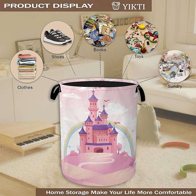 Pink Castle Laundry Basket,Princess Clothes Hamper,Oxford Cloth Collapsible Nursery Hamper Storage Organization for Bedroom,Bathroom,Office,College Dorms,16x20 Inch