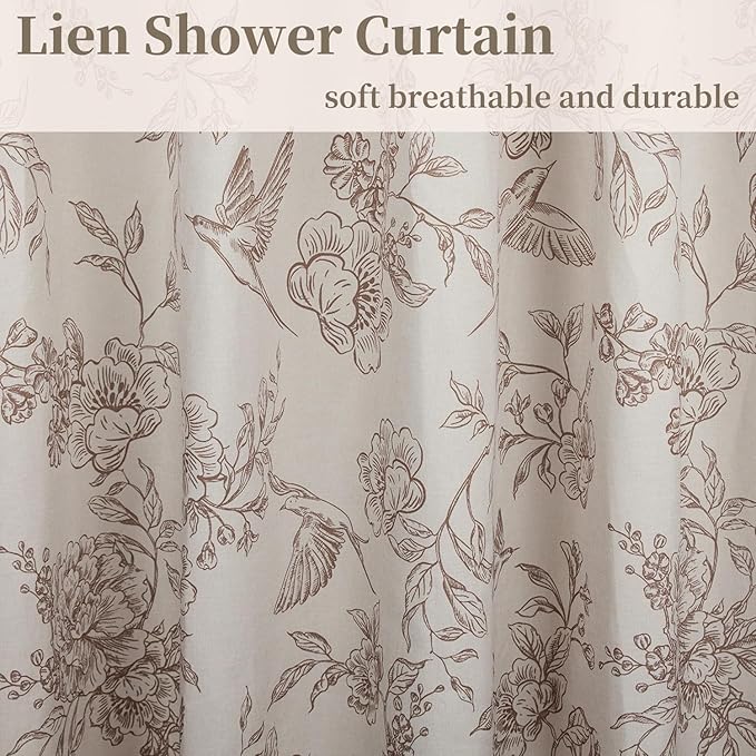 MUGINYU Vintage Farmhouse Linen Shower Curtain,Botanical Floral Toile Shower Curtain,Colorful Leaves Bath Curtains Shower,Boho Flower Plant Neutral Bathroom Decor,72" W x 72" L (Vintage Bird Beige)