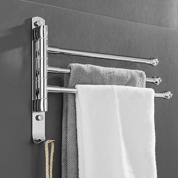 Chrome Plated Swivel Towel Rack Stainless Steel Adjustable Bathroom Towel Rack 12 * 1.5 * 10 inches for Bathroom, Bedroom, Balcony Removable Towel Bar (Electroplated, Triple Bar)