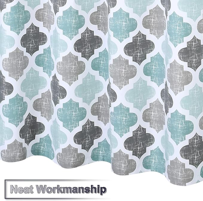 CAROMIO Fabric Shower Curtain 84 Inch Long, Geometric Quatrefoil Pattern Poly-Cotton Farmhouse Shower Curtain Extra Long, Aqua/Mint/Grey, 72x84 Inches