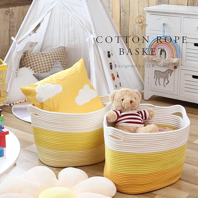 Sea Team Oval Large Cotton Rope Woven Storage Basket with Handles, Diaper Caddy, Baby Shower Basket, Nursery Nappies, Clothes Toys Organizer for Kid's Room, 16 x 13 inches, White & Yellow