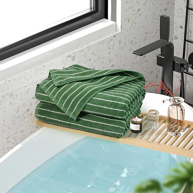 Jacquotha Bath Towels 2 Pack, Lighter & Quick Dry Towels Large 27.5 x 55 inches, Luxury Terry Cotton Towels for Bathroom Beach Swim, Forest Green & White Striped