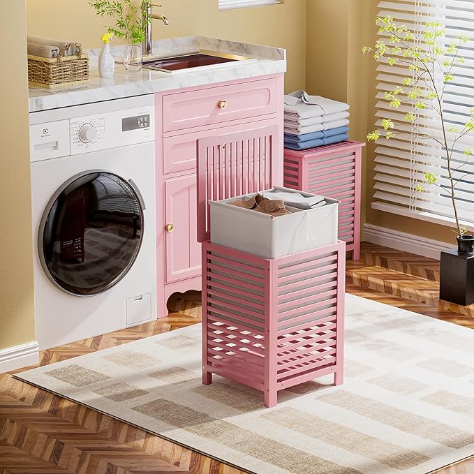 SMIBUY Double Laundry Hamper with Lid, 120L Bamboo Laundry Basket with Removable Liner Bag, 2-Section Clothes Divider Laundry Sorter for Laundry Room, Bathroom, Bedroom (Pink)