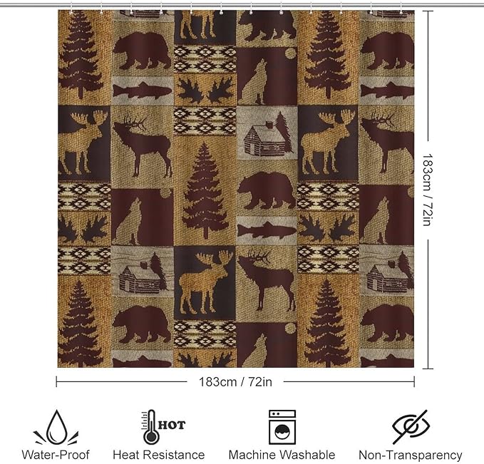 Retro Rustic Bear Country Style 4 Piece Shower Curtain Sets, Non-Slip Rugs, Toilet Lid Cover and Bath Mat, Durable and Waterproof, for Bathroom Decor Set One Size