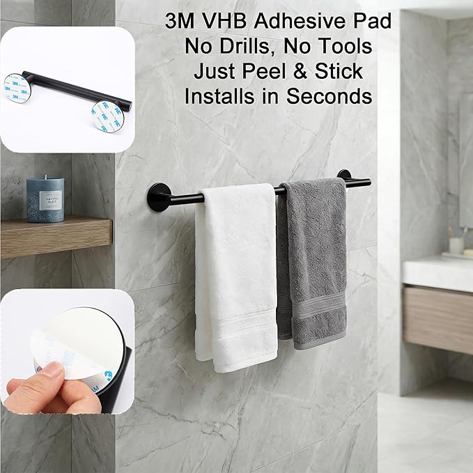 24 Inch Matte Black Towel Rack-Over The Door Towel Rack,Wall Mounted Towel Racks for Bathroom, Bathroom Towel Holder&Towel Bar,No Drill Easy istall bathroorm Furniture