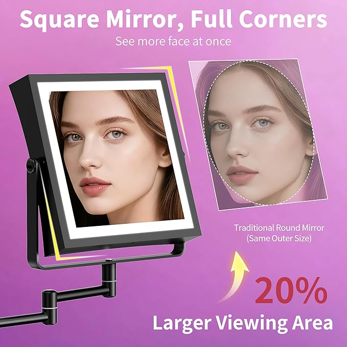 Wall Mounted Lighted Makeup Mirror, Rechargeable Double-Sided 1X/10X Magnifying Mirror with Light, Touch Dimmable 3 Color Lights, 360° Rotation Extendable Arm (Matte Black)