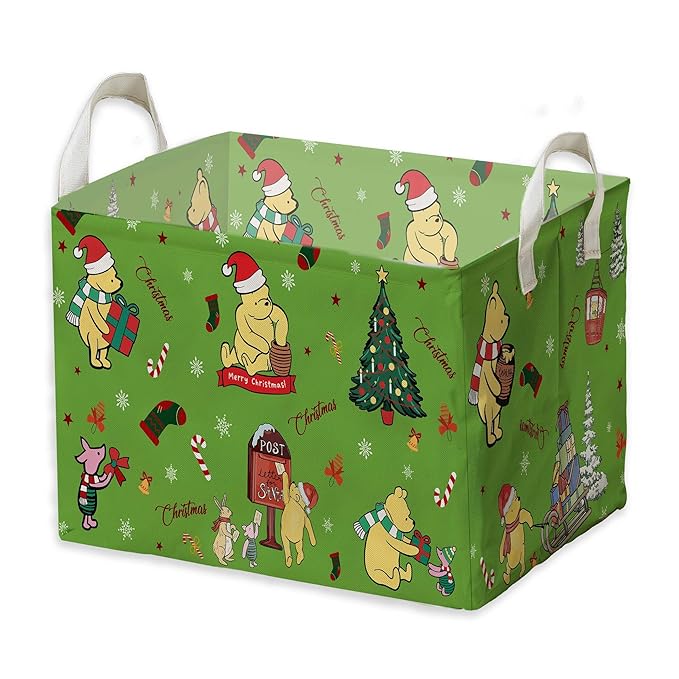 Winnie Theme Christmas Baskets Decor,the Pooh Baby Stuff, Large Square Canvas Baby Laundry Hamper with A Waterproof PE Coating,Foldable Storage Bin for Toys and Clothes
