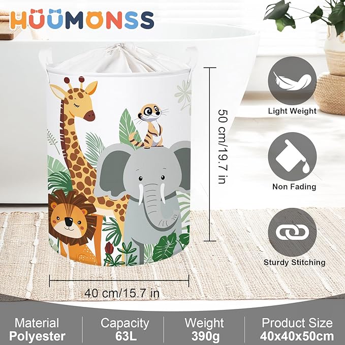 Tropical Animals Baby Laundry Hamper Collapsible Clothes Kid Storage Basket Giraffe Elephant Large Boys Girls Gift Toy Box Bin for Nursery, Lion, 63L