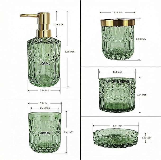 LaMarriti Green Bathroom Accessories Set, 5Pcs Clear Glass Bathroom Set Accessories, Soap Dispenser, Soap Dish, Toothbrush Holder Set, Tumbler, Qtips Holder for Vintage Crystal Bath Decor