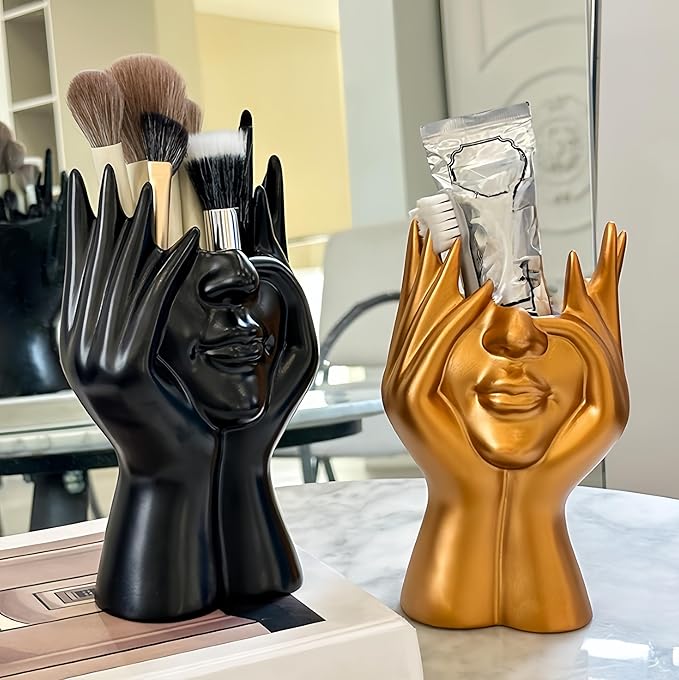 Make Up Brush Holder Organizer Face-Shaped Pen Holder Vase Organizer Abstract Art Face Hand Design Travel Cosmetic Holder | Makeup Organizer For Brushes (golden)