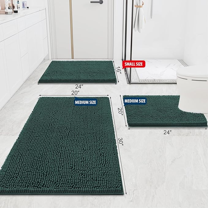 Smiry Luxury Chenille Bathroom Rugs 70x24, Extra Soft and Absorbent Shaggy Bath Mat, Machine Washable, Non-Slip Plush Carpet Runner for Tub, Shower, and Floor, Home Decor Accessories, Green