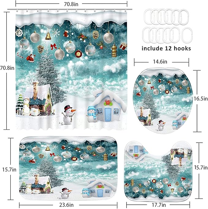 Yizheer Merry Christmas 4Pcs Winter Maple Shower Curtain Sets with Non-Slip Rugs, Toilet Lid Cover and Bath Mat, Haunted House Waterproof Bathroom Home Decor Set