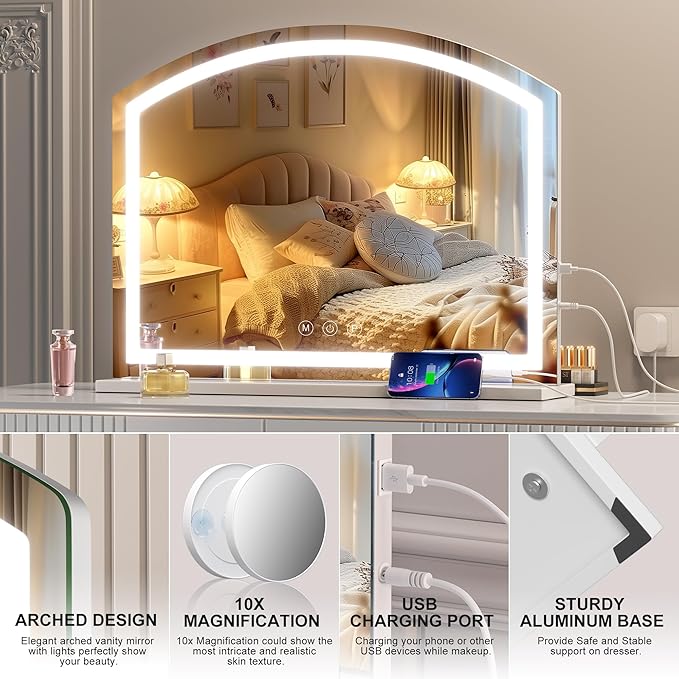 Hasipu 48" x32” Arch Vanity Mirror with LED Lights - Makeup Mirror with 10X Magnification, USB Charging Port & 3 Dimmable Color Modes