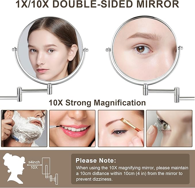 JANEEVA 8" Wall Mounted Makeup Mirror, 10X Magnifying Mirror with 360 Extendable Arm - Double Sided Vanity Mirror for Bathroom (Chrome)
