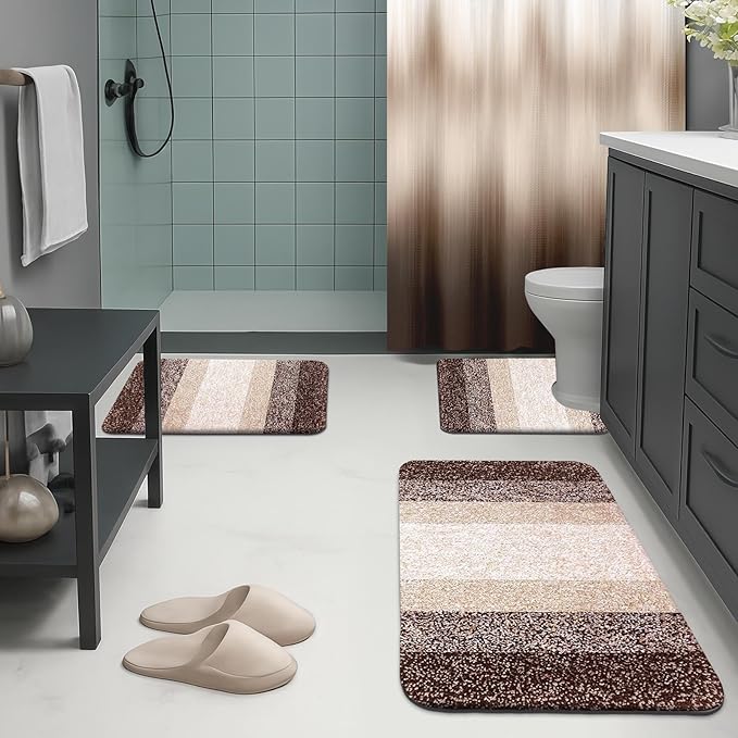 Britimes Brown Stripes Bathroom Sets with Shower Curtain and Rugs, Ombre Modern Abstract Vintage Waterproof Shower Curtain Liner and Soft Non Slip Bath Mat for Bathroom Decor and Accessories Hooks